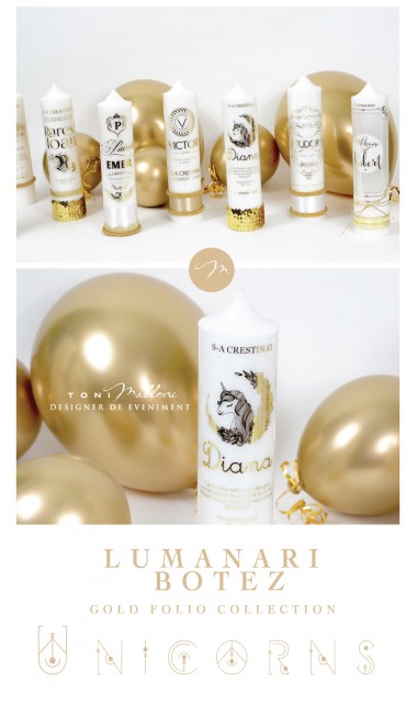 Lumanare de botez personalizata, print folio gold, 30x8cm, Unicornul Gold 1